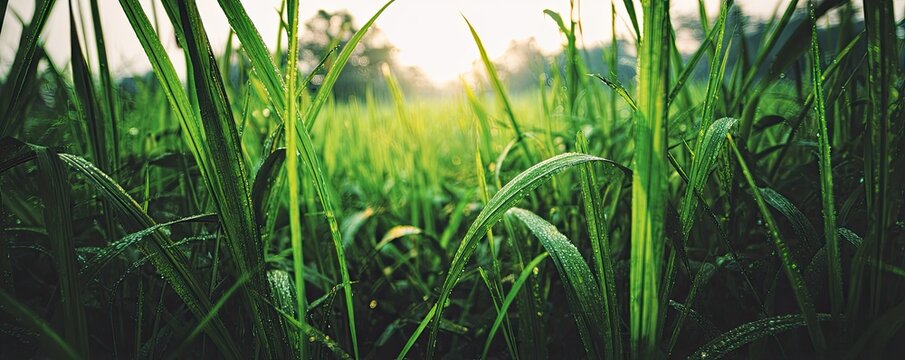 Close-up view of dewy grass blades at sunrise