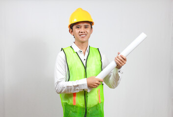 construction worker chief holding blueprint smiling happily isolated on white background.