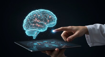 Glowing Human Brain Interface on Tablet with Hand Touching Hologram