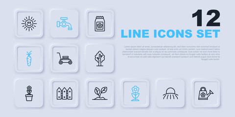 Set line Sunrise, Watering can, Lawn mower, Flower, Carrot, Garden fence wooden, tap and Sprout icon. Vector
