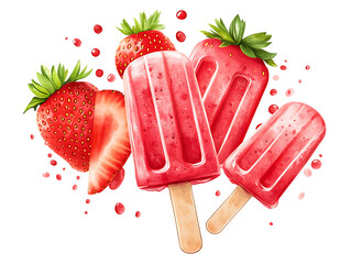 Strawberry popsicles and fresh strawberries isolated on transparent background