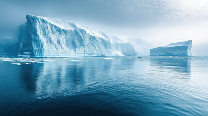 Massive iceberg wall reflecting in calm polar ocean under cloudy sky, Arctic seascape with floating ice