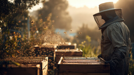 Beekeeping action in nature hive management outdoor environment close-up view honey production concept