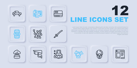 Set line Planet earth and radiation, Browser window, Neural network, Earth with exclamation mark, Computer vision, Security camera, Motherboard and Cyber security icon. Vector