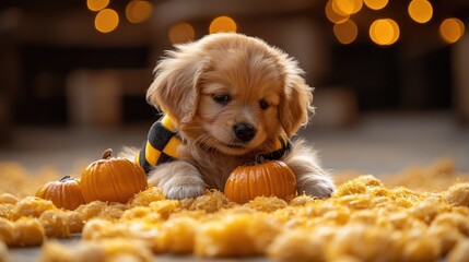 Puppy in a bee costume playing with plastic pumpkins under warm golden Halloween lights