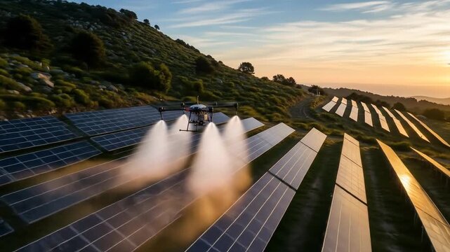Spraying Solar Panels with Drone for Maintenance and Efficiency at Sunset