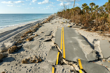 Destroyed Manasota Key road at Blind Pass Beach after Hurricane Milton storm surge. Severe damage...