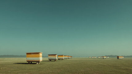 Beekeeping action in remote landscape unique beehives sparse environment aerial view nature preservation