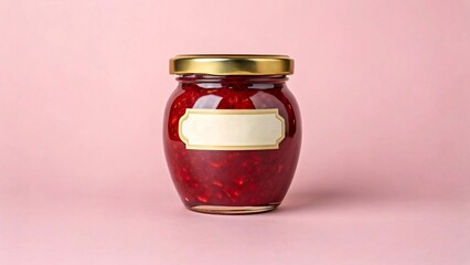 Glass jar of red fruit jam with blank label on pink background