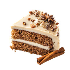 Delicious slice of carrot cake with cream cheese frosting isolated on transparent background