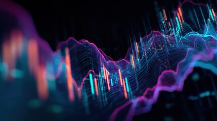 Abstract digital data visualization with colorful fluctuating wave lines representing information flow and technological innovation in vibrant neon hues