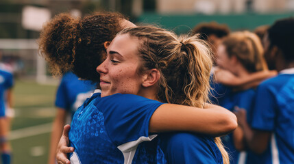 Team members celebrate a hard-fought victory with heartfelt embraces on the soccer field at dusk