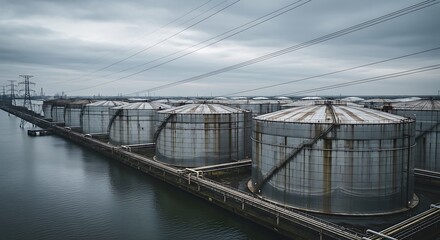 Obraz premium Large metal storage tanks alongside a body of water.