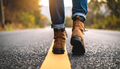 Person in Hiking Boots Walking on Empty Asphalt Road at Sunset