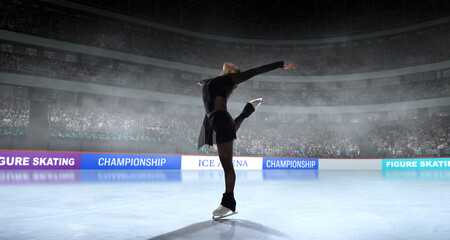 Figure skater girl skating on ice stadium.
