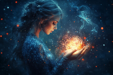 Obraz premium Sorceress holding flame in hands surrounded by blue smoke background.
