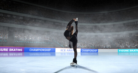Figure skater girl skating on ice stadium.