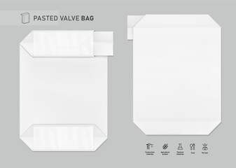 Folded pasted valve bag mockup with set icons. High realistic. Vector illustration isolated on grey background. Ready for use in presentation, promo, advertising and more. EPS10.