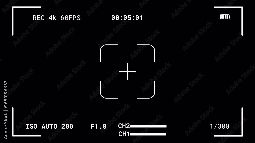 Poster digital video camera viewfinder display overlay with a black background, showing recording status, t