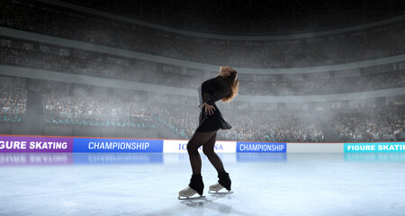 Figure skater girl skating on ice stadium.