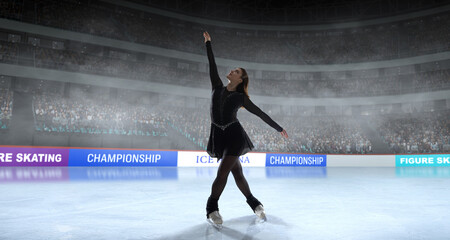 Figure skater girl skating on ice stadium.