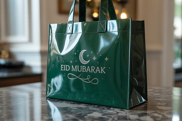Elegant green tote bag with sparkling Eid Mubarak text and crescent moon design, perfect for festive gifting and celebrations.