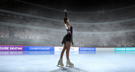 Figure skater woman skating on ice stadium.