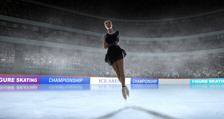 Figure skater woman skating on ice stadium.