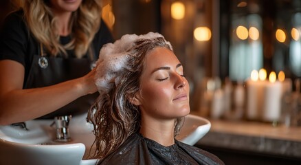 Relaxed Woman Getting Hair Washed by Professional Stylist at Salon – Close-Up Moment of Hair Care and Scalp Massage with Shampoo Foam