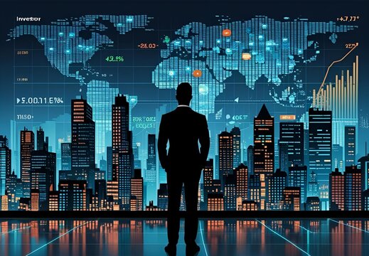 Businessman silhouette watching a glowing digital world map over a futuristic city skyline, financial data overlay