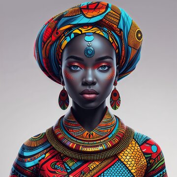 portrait of an african woman face art design decoration beauty traditional fashion skin make-up colorful festival party blue background close-up