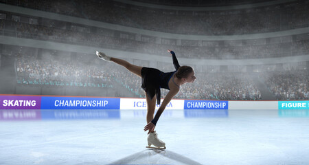Figure skater woman skating on ice stadium.