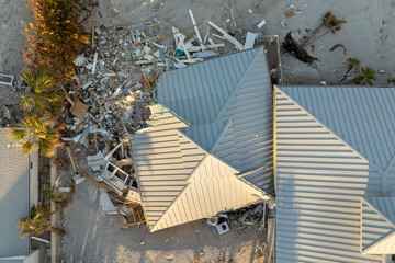 Hurricane Milton storm surge severe damage to waterfront house on Manasota Key, Florida. Destroyed...