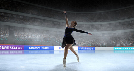 Figure skater woman skating on ice stadium.