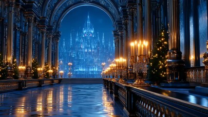 Grand hall with Christmas decor reveals a magical ice kingdom at night. Epic fantasy, luxury, wonder. Gothic royalty, winter splendor, festive mood. For holidays, fantasy, awards.
- Powered by Adobe