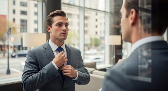 A man in a suit adjusting his tie in front of a mirror.