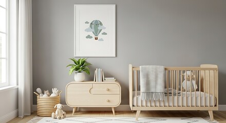 Modern baby nursery interior featuring a wooden crib, dresser, and a framed hot air balloon print on a grey wall.