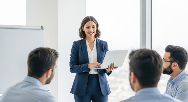 A businesswoman standing in front of a group of colleagues, holding a laptop and smiling.