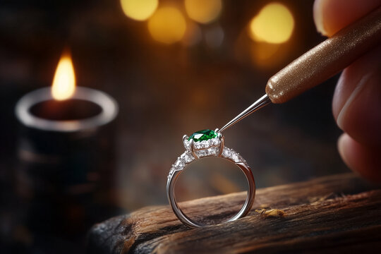 Jeweler crafting a precious ring with a gemstone close up background.