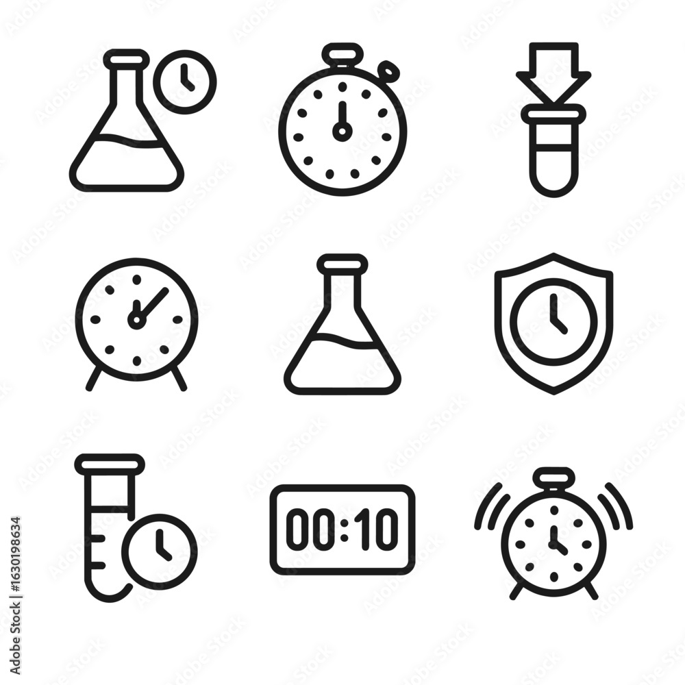 Poster lab timer icons. outline icon set of lab timers: reaction timer, stopwatch, countdown vial, timer cl