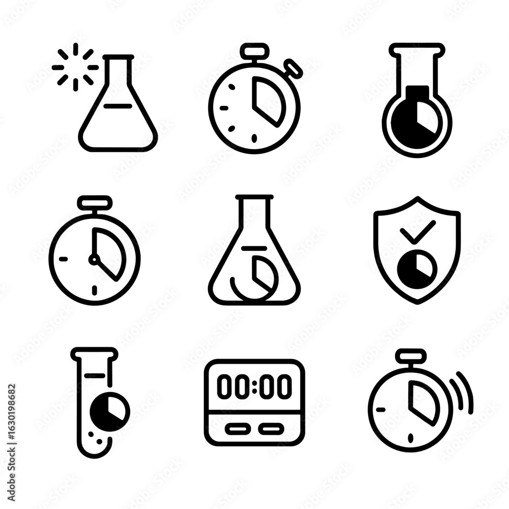 Poster lab timer icons. outline icon set of lab timers: reaction timer, stopwatch, countdown vial, timer cl