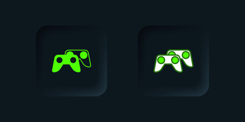 Green Game controller or joystick for game console icon isolated on black background. Black square button. Vector