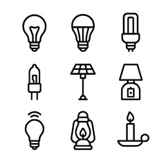 Lamp Icons Grid. Outline icon set of lamp energy types: incandescent bulb, LED bulb, fluorescent bulb, halogen bulb, solar lamp,