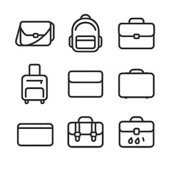 Laptop Bag Icon Set. Outline icon set of laptop bag types: messenger laptop bag, backpack laptop bag, briefcase laptop bag,