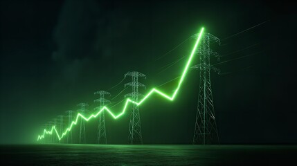 Rising green energy costs depicted by a glowing line climbing across power pylons showing price increase with a dark