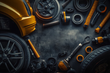 Various car spare parts on a mechanic workbench background in a garage, auto repair shop or auto parts store concept.