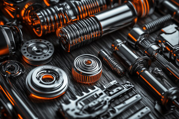 Various car spare parts on a mechanic workbench background in a garage, auto repair shop or auto parts store concept.