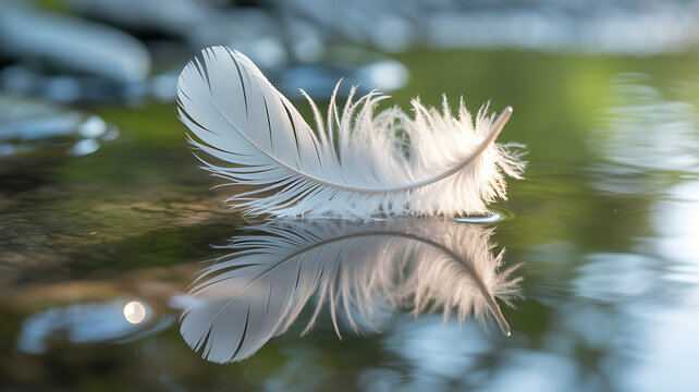 A pure white feather floats on the surface of calm water, reflecting its image.
Keywords: