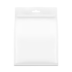 Vertical lat bottom gusset bag mockup with zipper lock and euro slot. Front view.  Vector illustration isolated on white background. Ready for use in presentation, promo, advertising and more. EPS10.