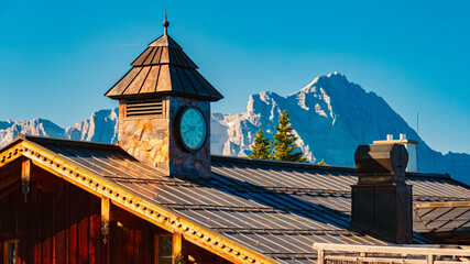 Alpine summer evening view with a clock tower at Mount Asitz, Leogang, Zell am See, Pinzgau,...